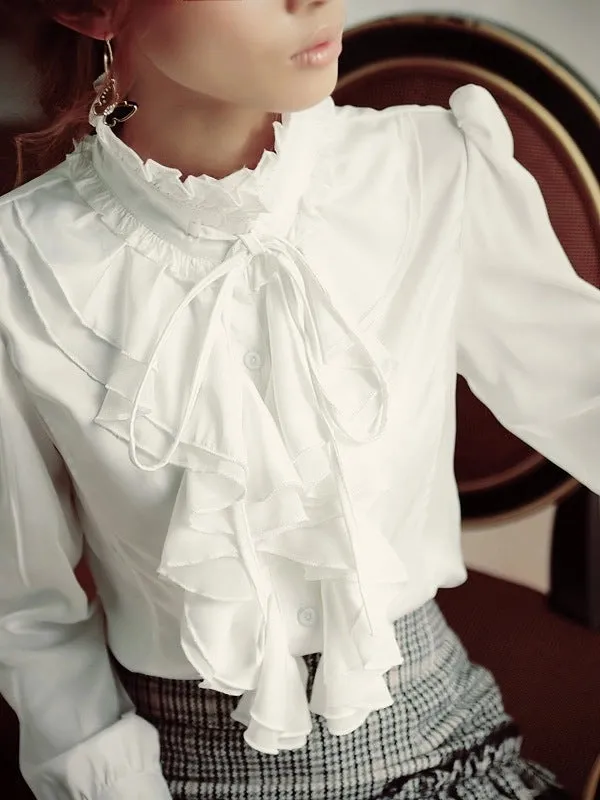 Women Office Blouses Victorian Top Button Silky Lace Collar Ruffle Satin Shirts 4025