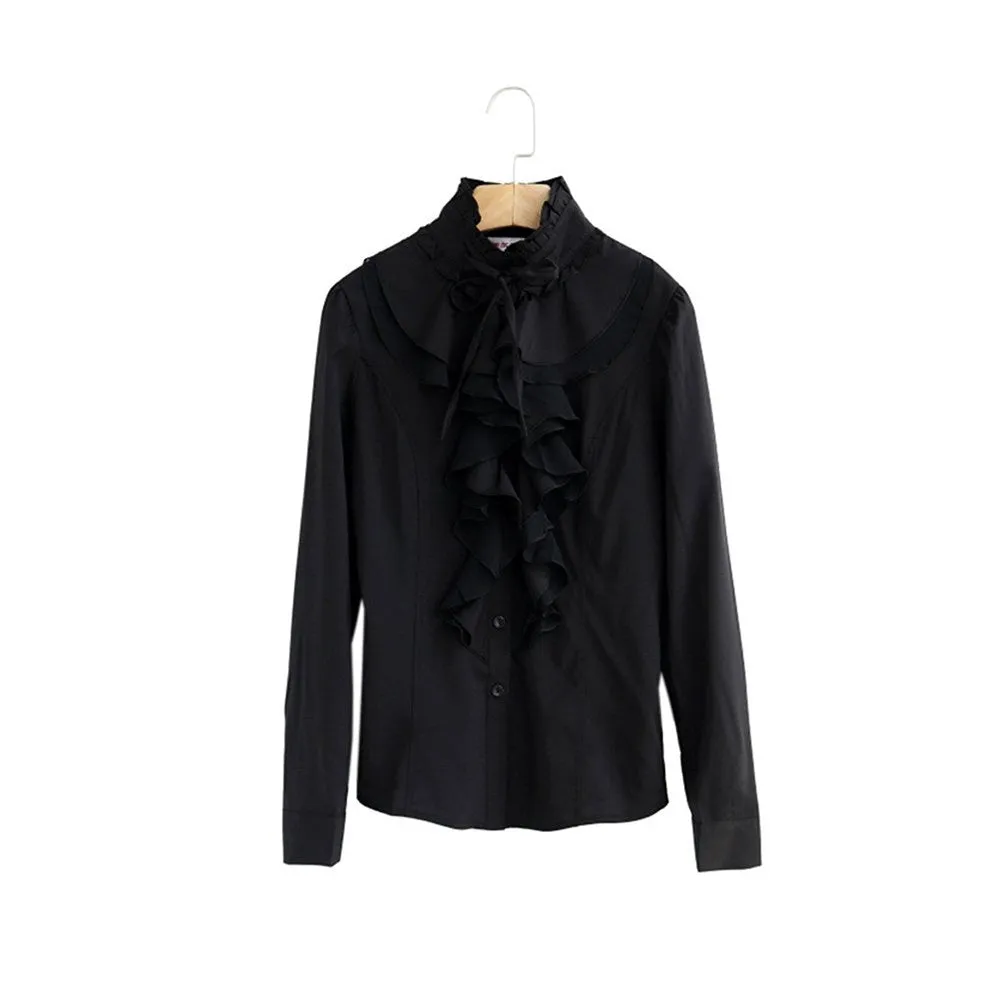 Women Office Blouses Victorian Top Button Silky Lace Collar Ruffle Satin Shirts 4025