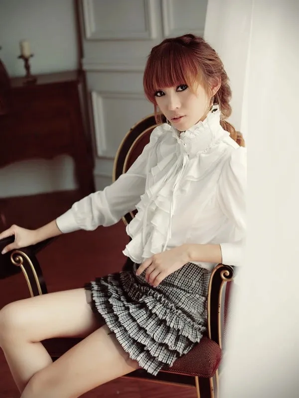 Women Office Blouses Victorian Top Button Silky Lace Collar Ruffle Satin Shirts 4025