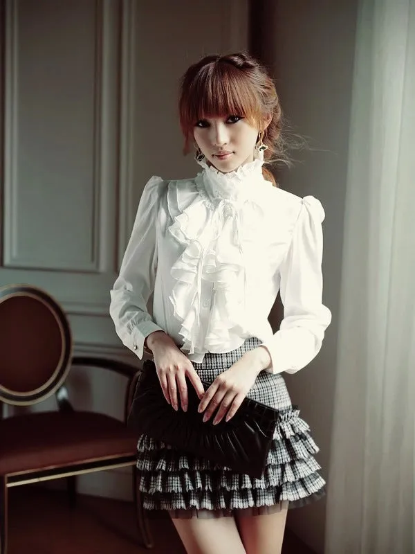 Women Office Blouses Victorian Top Button Silky Lace Collar Ruffle Satin Shirts 4025