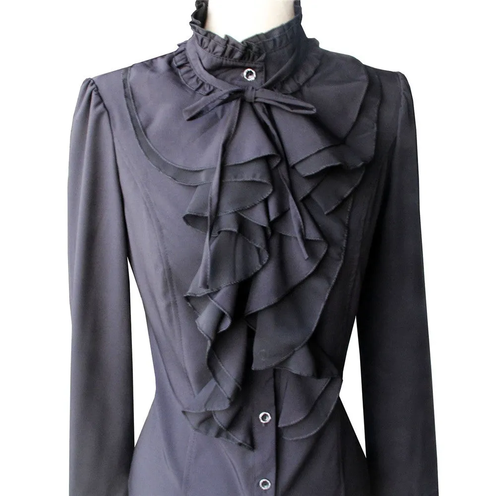 Women Office Blouses Victorian Top Button Silky Lace Collar Ruffle Satin Shirts 4025