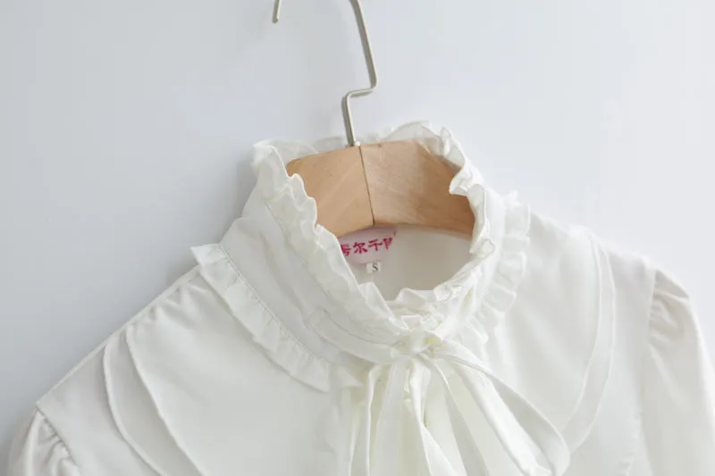 Women Office Blouses Victorian Top Button Silky Lace Collar Ruffle Satin Shirts 4025