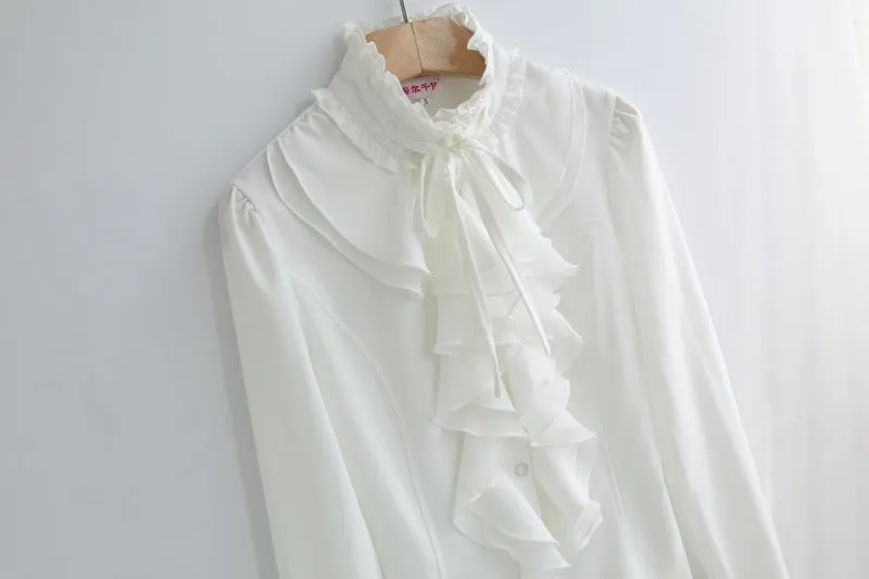 Women Office Blouses Victorian Top Button Silky Lace Collar Ruffle Satin Shirts 4025