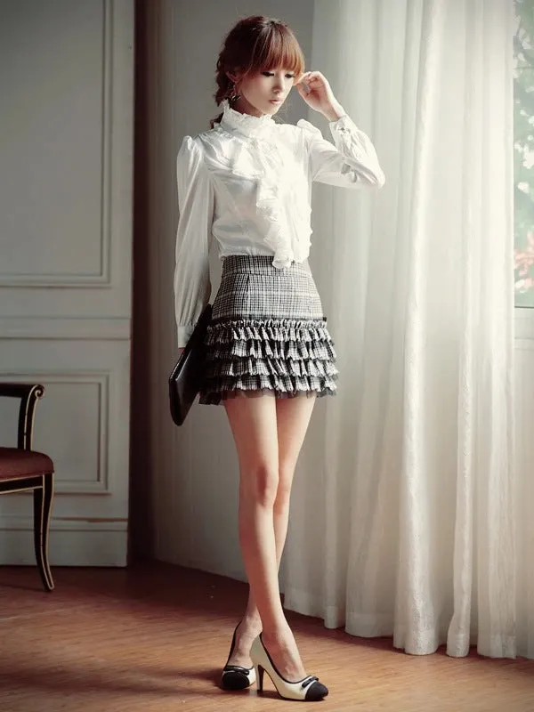Women Office Blouses Victorian Top Button Silky Lace Collar Ruffle Satin Shirts 4025