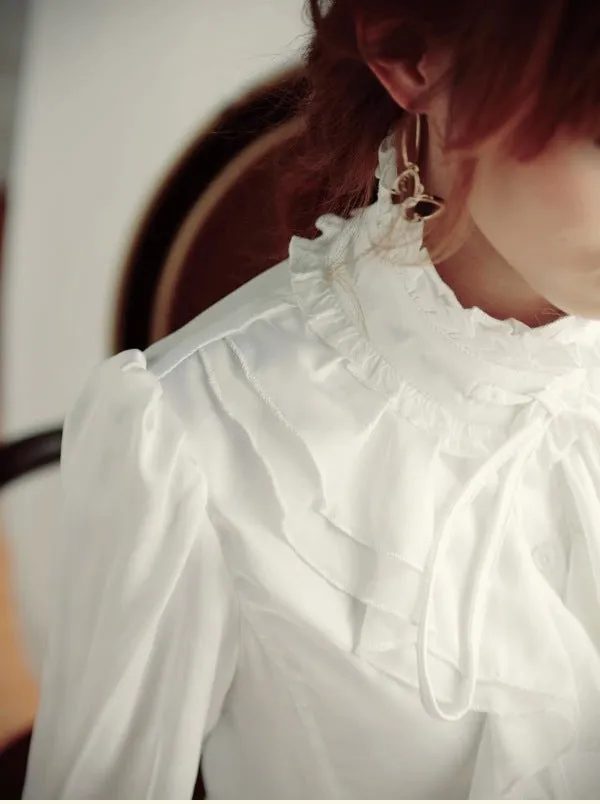 Women Office Blouses Victorian Top Button Silky Lace Collar Ruffle Satin Shirts 4025