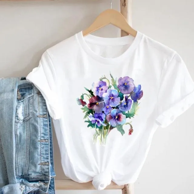 Women Printing Floral Flower Cartoon Ladies Streetwear Print Tee Top Tshirt Female  T-shirt
