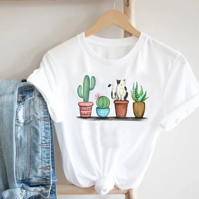 Women Printing Floral Flower Cartoon Ladies Streetwear Print Tee Top Tshirt Female  T-shirt