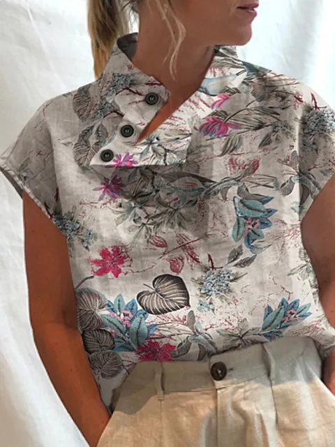 Women Short Sleeve Blusas Summer Cotton Linen Shirts Fashion Blouses Casual Tops