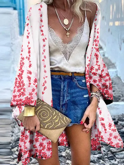 Women Summer Open Front Blouse Casual Loose Beach Tops Vintage Long Sleeve Blusas