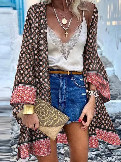 Women Summer Open Front Blouse Casual Loose Beach Tops Vintage Long Sleeve Blusas