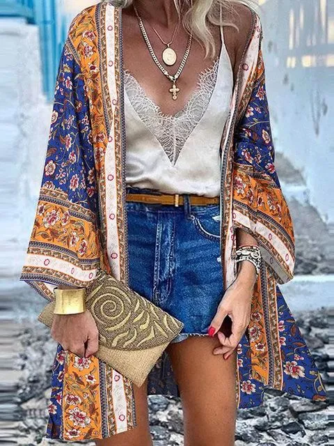 Women Summer Open Front Blouse Casual Loose Beach Tops Vintage Long Sleeve Blusas