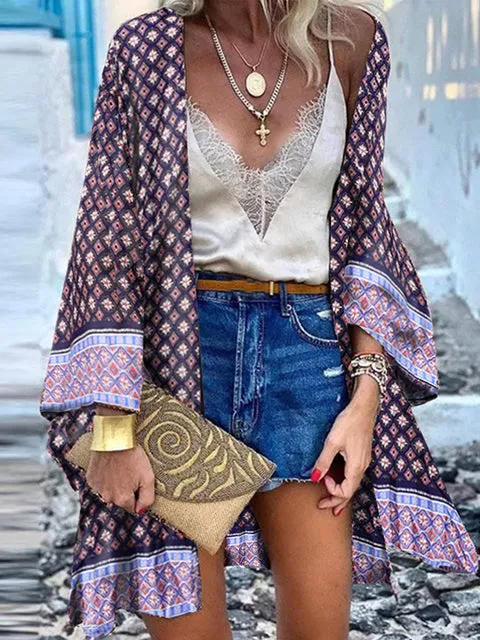 Women Summer Open Front Blouse Casual Loose Beach Tops Vintage Long Sleeve Blusas