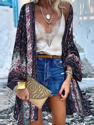 Women Summer Open Front Blouse Casual Loose Beach Tops Vintage Long Sleeve Blusas