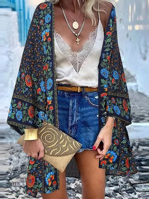 Women Summer Open Front Blouse Casual Loose Beach Tops Vintage Long Sleeve Blusas