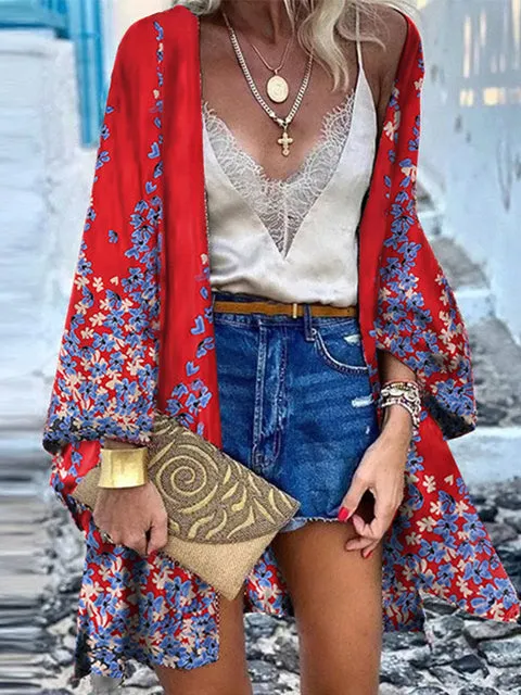 Women Summer Open Front Blouse Casual Loose Beach Tops Vintage Long Sleeve Blusas