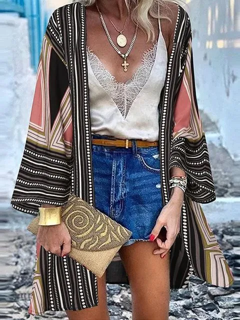 Women Summer Open Front Blouse Casual Loose Beach Tops Vintage Long Sleeve Blusas