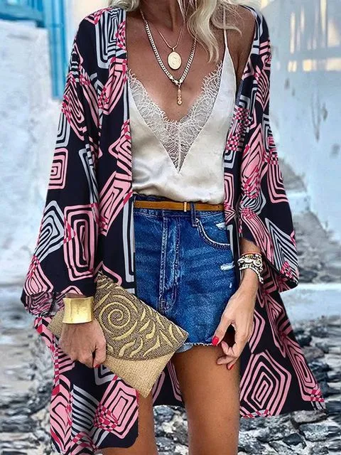 Women Summer Open Front Blouse Casual Loose Beach Tops Vintage Long Sleeve Blusas