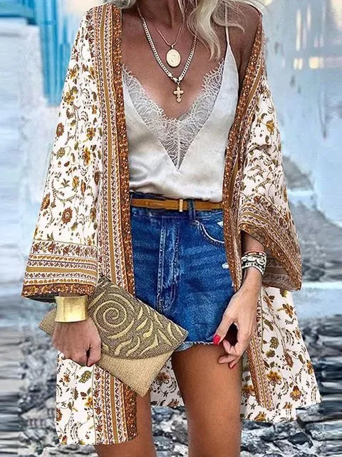 Women Summer Open Front Blouse Casual Loose Beach Tops Vintage Long Sleeve Blusas