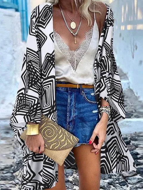 Women Summer Open Front Blouse Casual Loose Beach Tops Vintage Long Sleeve Blusas