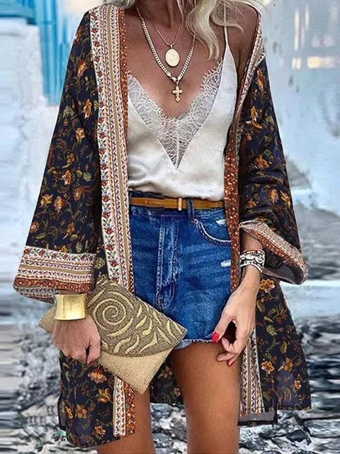 Women Summer Open Front Blouse Casual Loose Beach Tops Vintage Long Sleeve Blusas