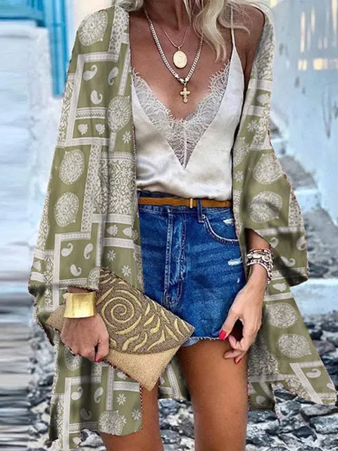 Women Summer Open Front Blouse Casual Loose Beach Tops Vintage Long Sleeve Blusas