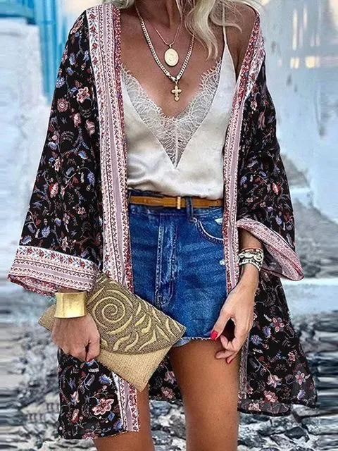 Women Summer Open Front Blouse Casual Loose Beach Tops Vintage Long Sleeve Blusas