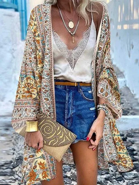 Women Summer Open Front Blouse Casual Loose Beach Tops Vintage Long Sleeve Blusas
