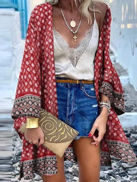 Women Summer Open Front Blouse Casual Loose Beach Tops Vintage Long Sleeve Blusas