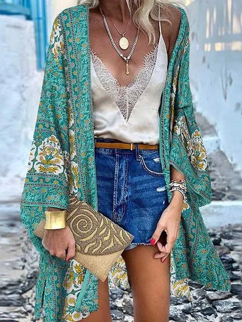 Women Summer Open Front Blouse Casual Loose Beach Tops Vintage Long Sleeve Blusas