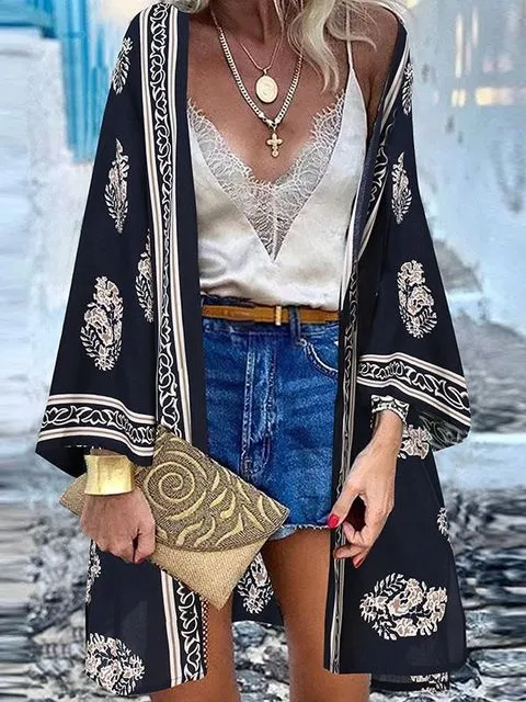 Women Summer Open Front Blouse Casual Loose Beach Tops Vintage Long Sleeve Blusas
