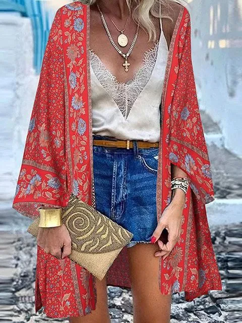Women Summer Open Front Blouse Casual Loose Beach Tops Vintage Long Sleeve Blusas