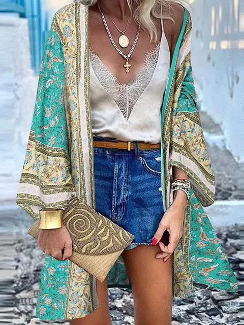 Women Summer Open Front Blouse Casual Loose Beach Tops Vintage Long Sleeve Blusas