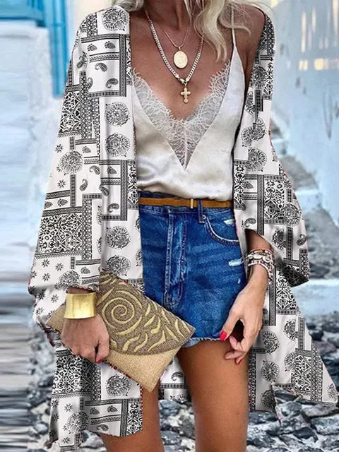 Women Summer Open Front Blouse Casual Loose Beach Tops Vintage Long Sleeve Blusas