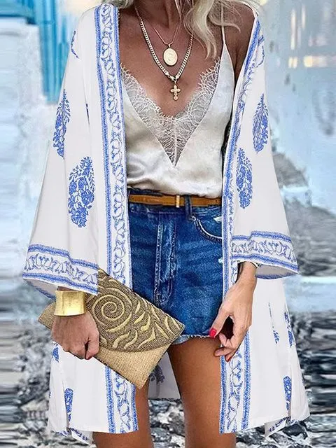 Women Summer Open Front Blouse Casual Loose Beach Tops Vintage Long Sleeve Blusas