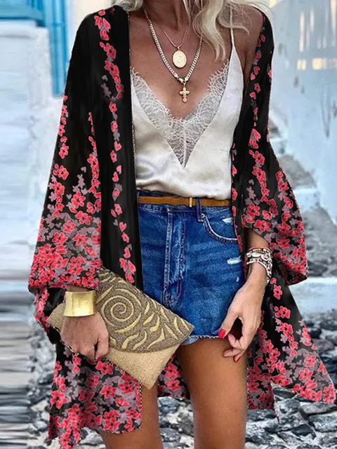 Women Summer Open Front Blouse Casual Loose Beach Tops Vintage Long Sleeve Blusas
