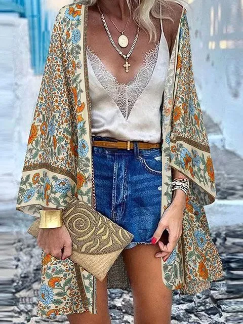 Women Summer Open Front Blouse Casual Loose Beach Tops Vintage Long Sleeve Blusas