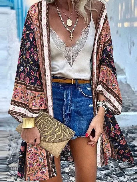 Women Summer Open Front Blouse Casual Loose Beach Tops Vintage Long Sleeve Blusas