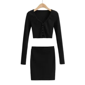 Women V Neck Crop Top Mini Skirt Set