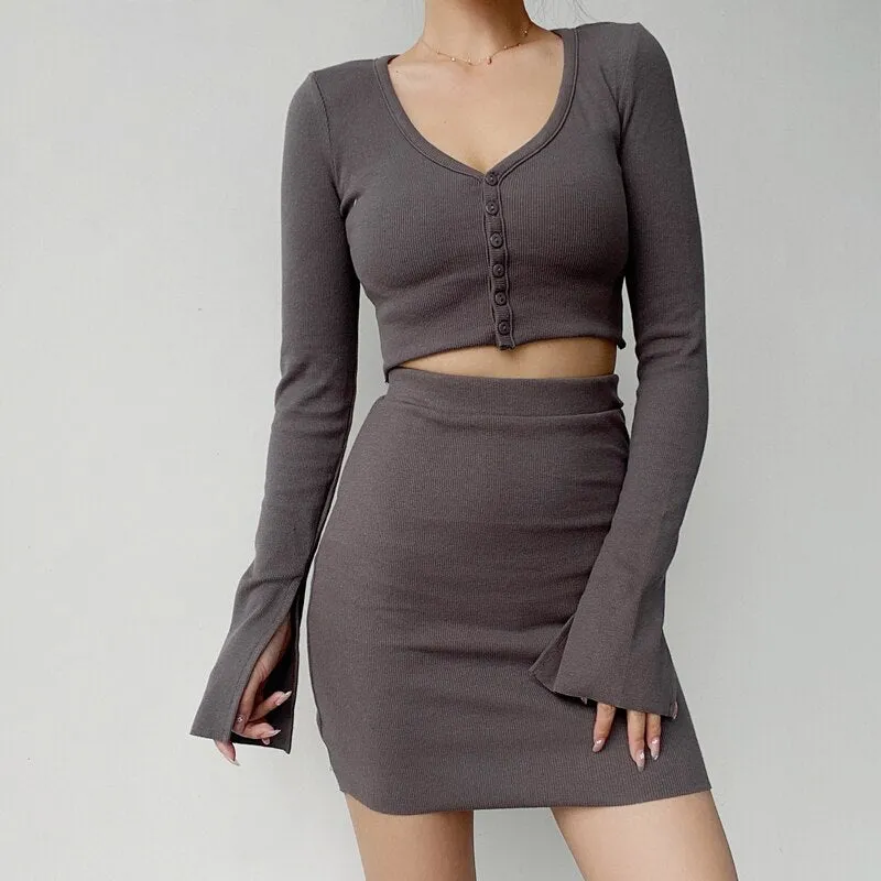 Women V Neck Crop Top Mini Skirt Set