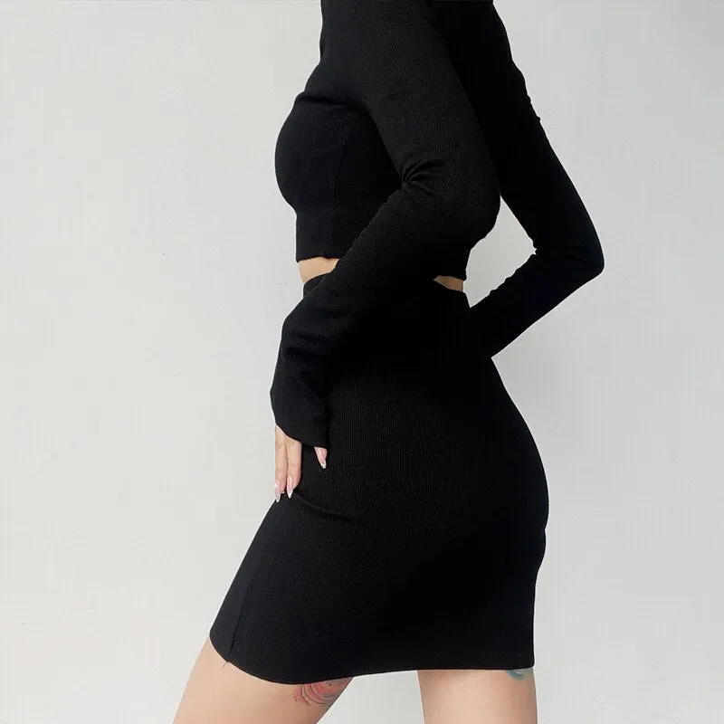 Women V Neck Crop Top Mini Skirt Set
