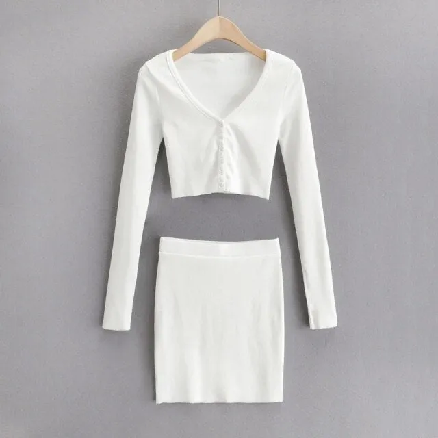 Women V Neck Crop Top Mini Skirt Set