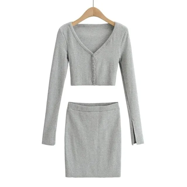 Women V Neck Crop Top Mini Skirt Set