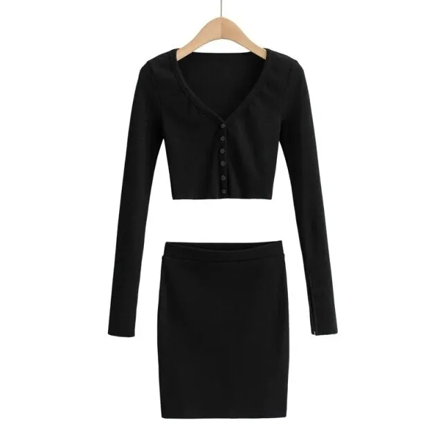 Women V Neck Crop Top Mini Skirt Set