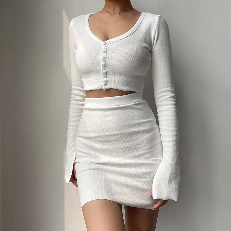 Women V Neck Crop Top Mini Skirt Set