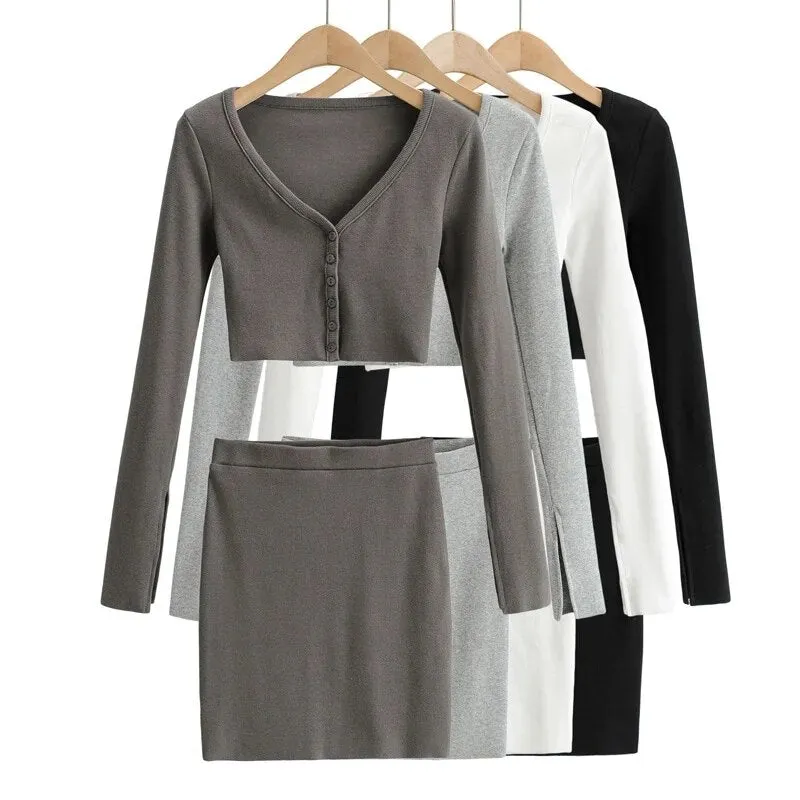 Women V Neck Crop Top Mini Skirt Set