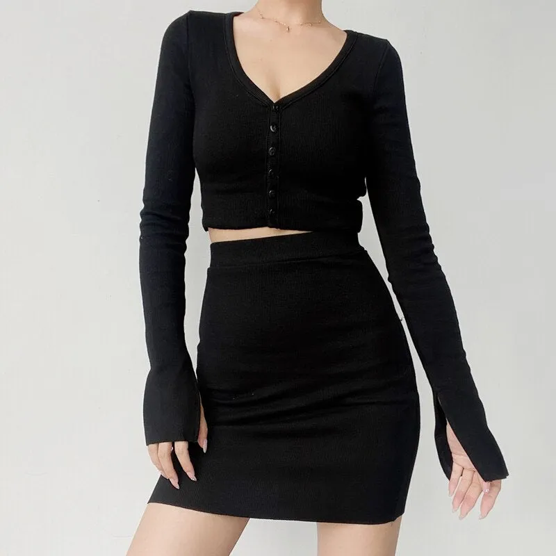 Women V Neck Crop Top Mini Skirt Set