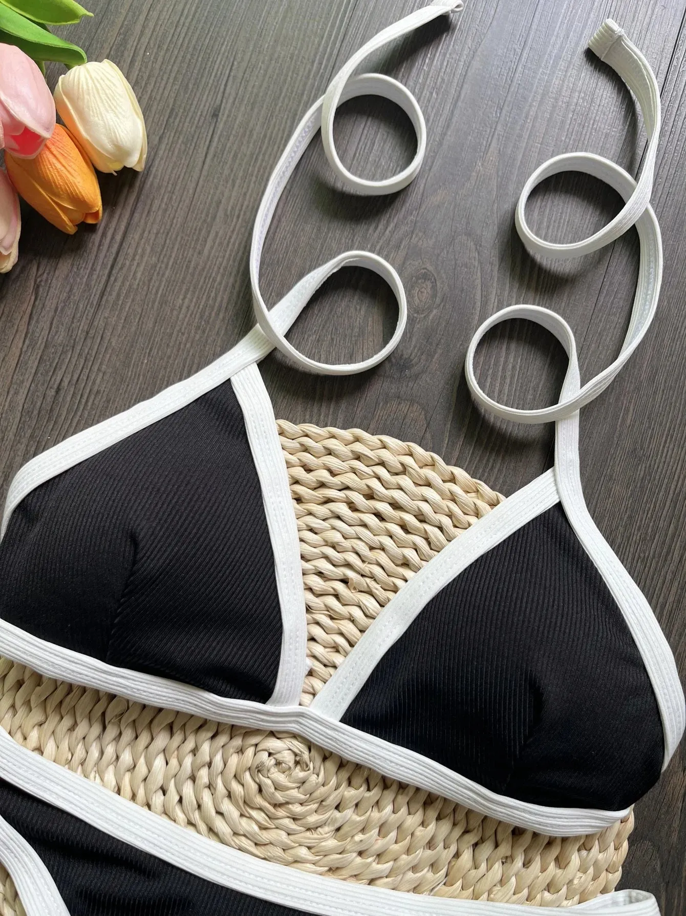 Women's Black and White Solid Color Bikini Set – Two-Piece Summer Swimsuit