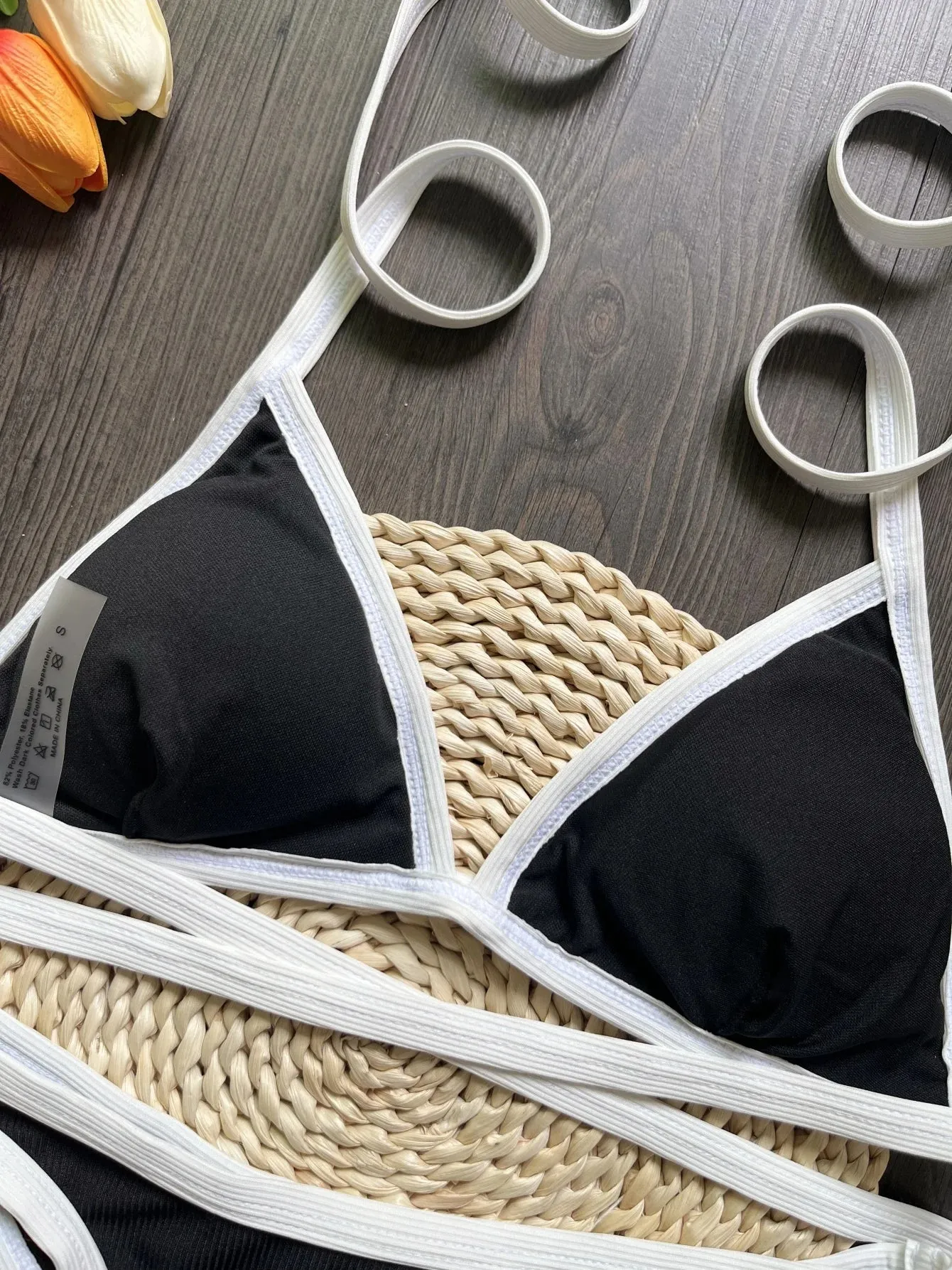 Women's Black and White Solid Color Bikini Set – Two-Piece Summer Swimsuit