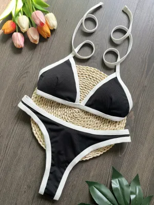 Women's Black and White Solid Color Bikini Set – Two-Piece Summer Swimsuit