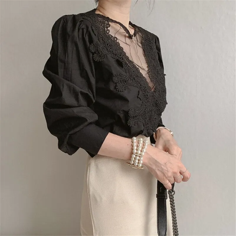 Women's Blouse Lace Puff Sleeve